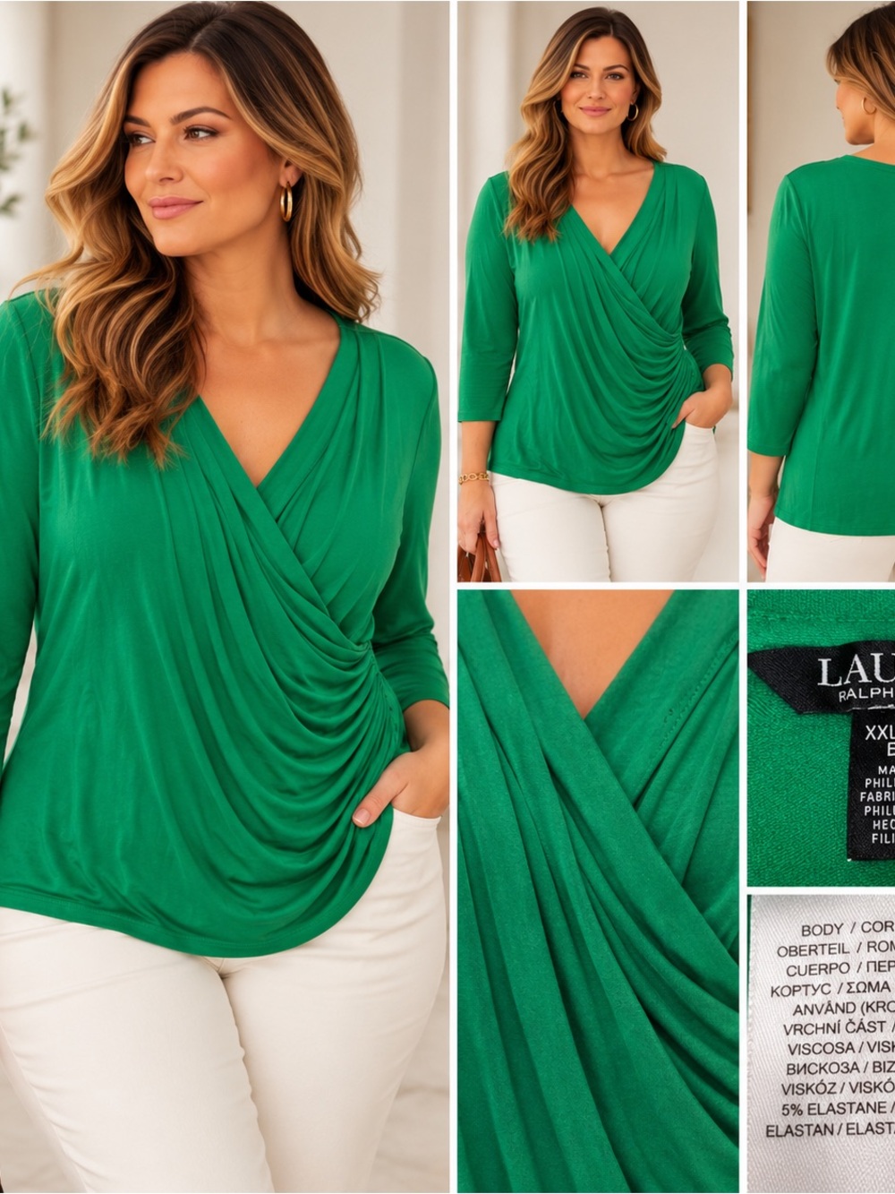 Lauren Ralph Lauren Emerald Green Faux Wrap Draped Top XXL